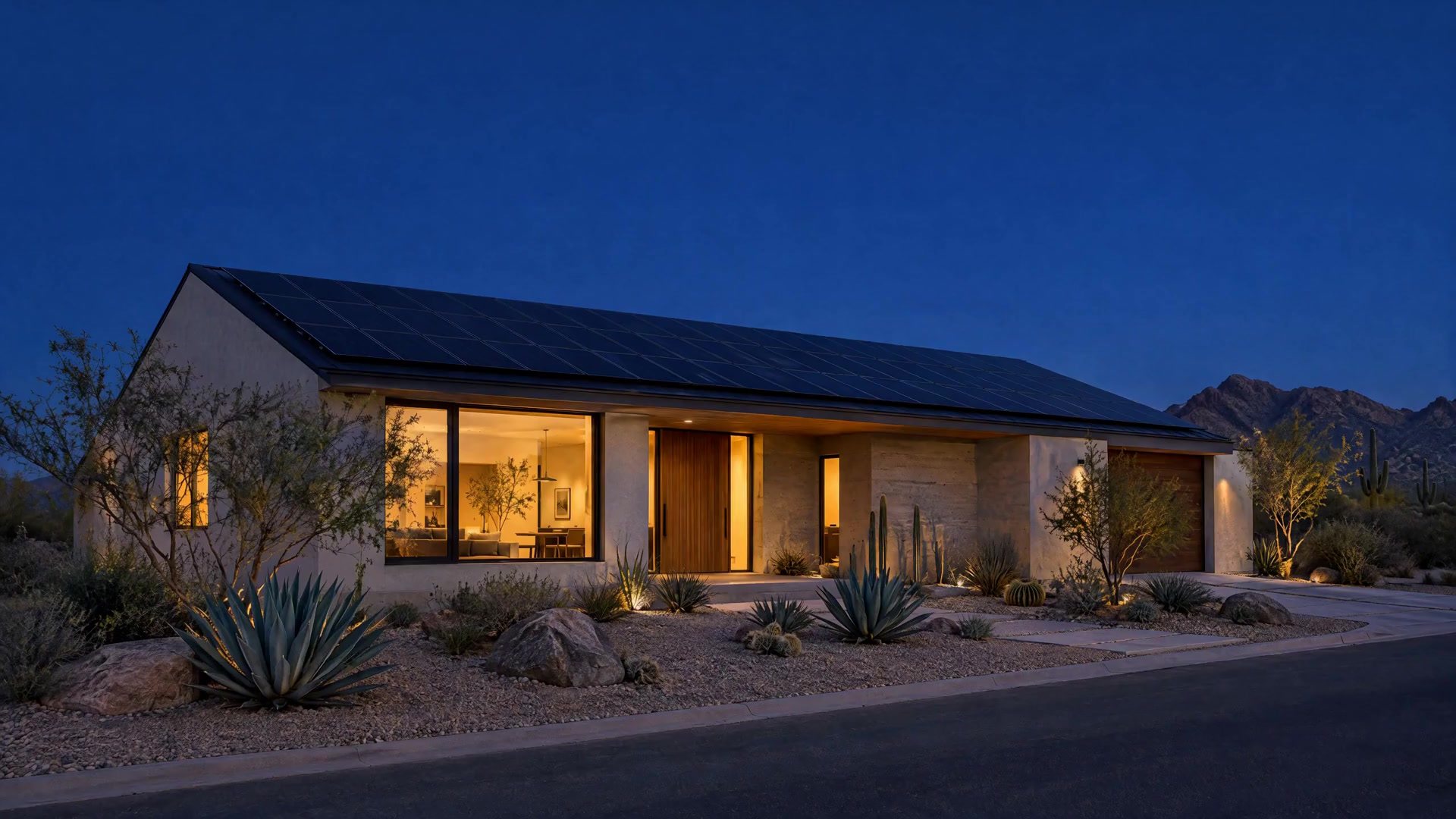 Casa moderna en el desierto de Sonora al anochecer, con el techo cubierto de paneles solares y las ventanas encendidas